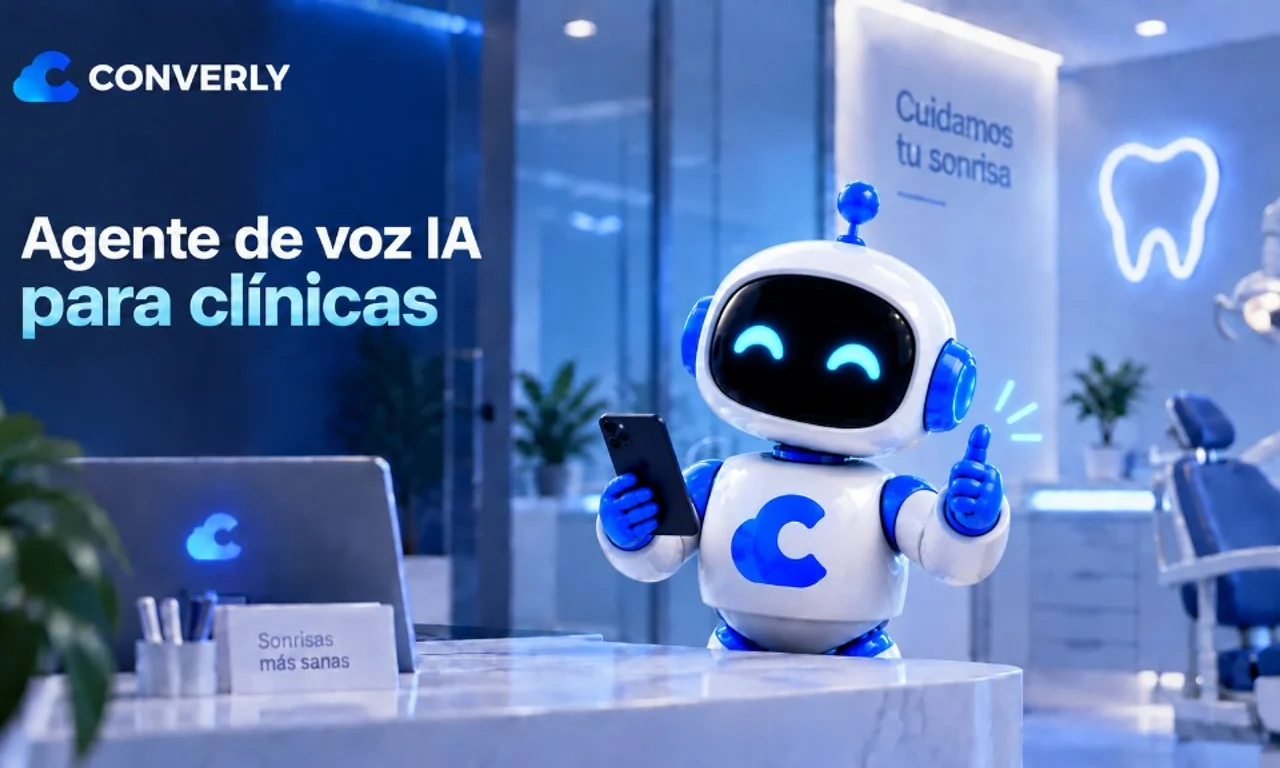 Carátula Agente de voz IA para clínicas: robot Converly 3D en recepción de clínica dental con smartphone