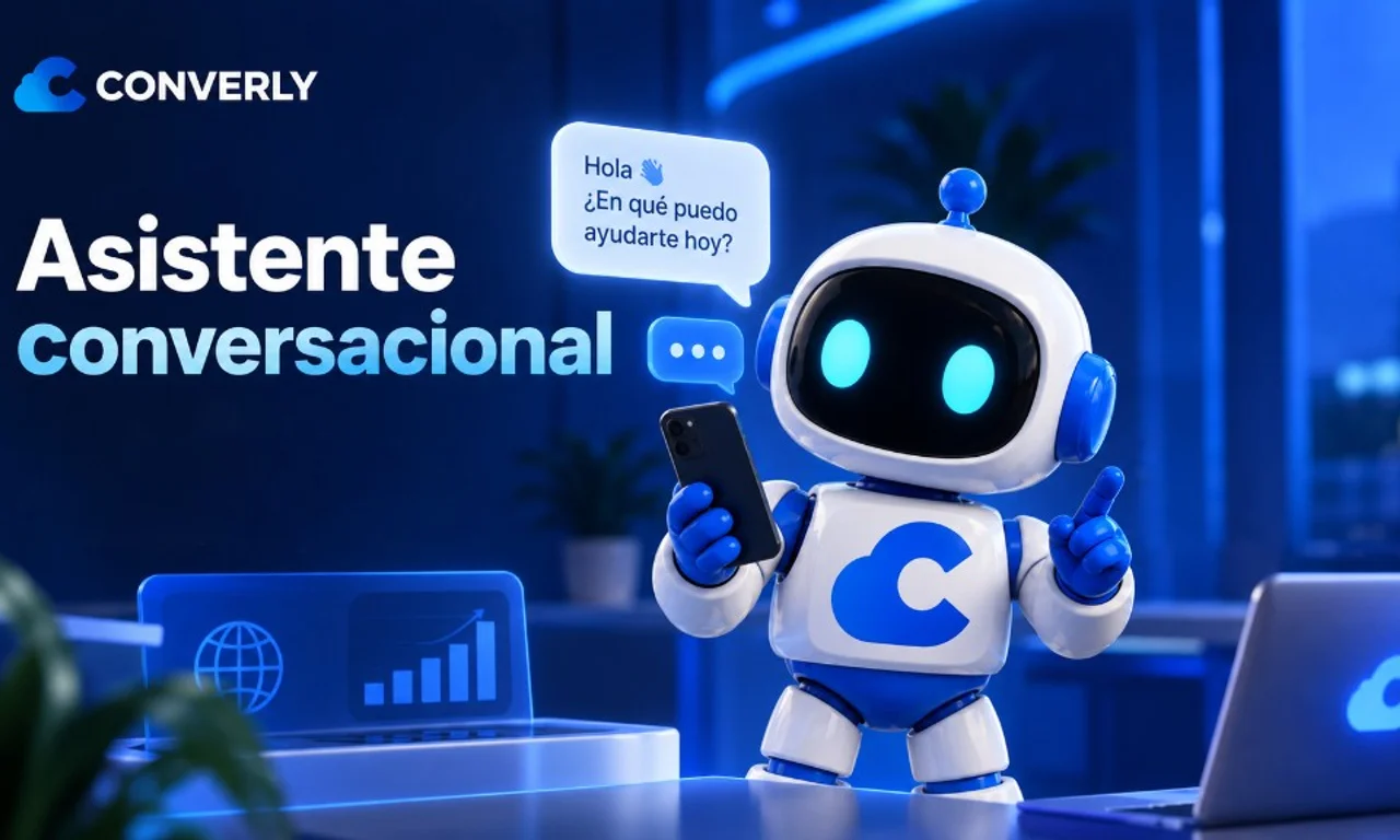 Carátula Asistente conversacional empresarial: robot Converly 3D con burbuja de chat y smartphone sobre fondo azul