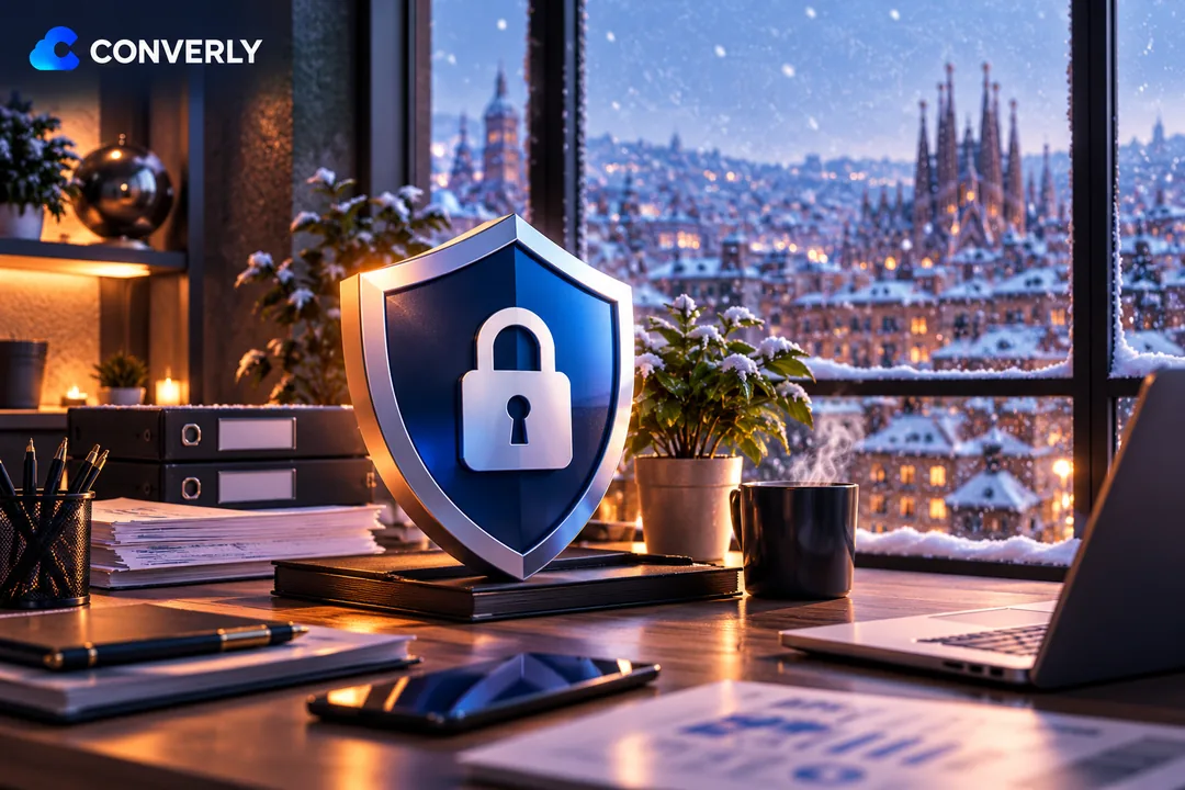 Carátula Auditoría de seguridad informática para pymes: escudo con candado frente a ciudad nevada