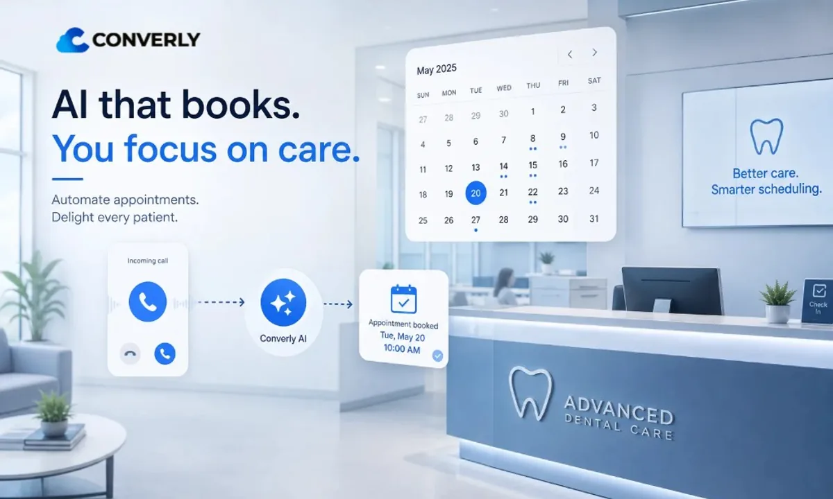 Clínica dental con calendario Converly AI: llamada entrante y cita confirmada