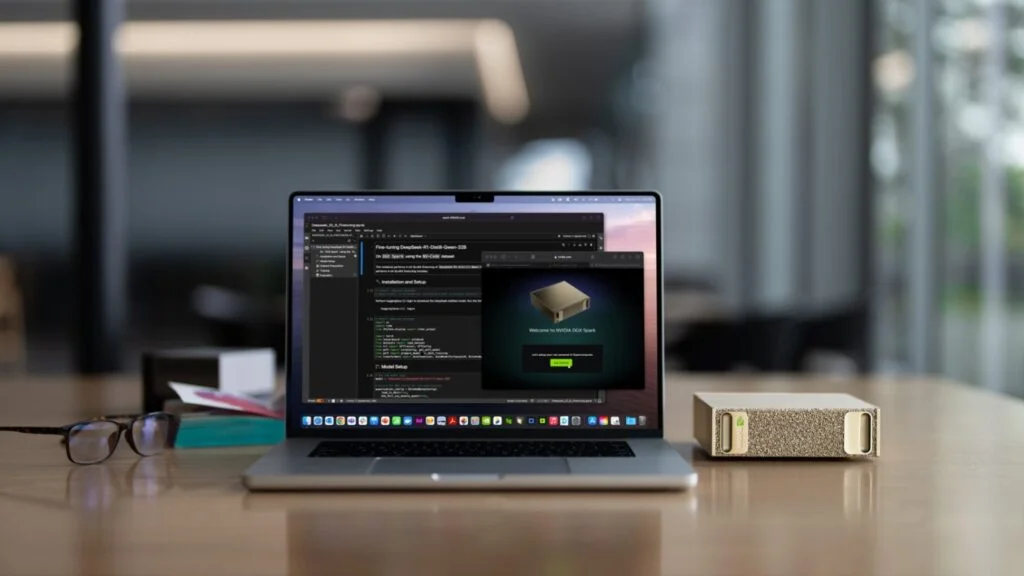 NVIDIA DGX Spark vista frontal sobre el escritorio