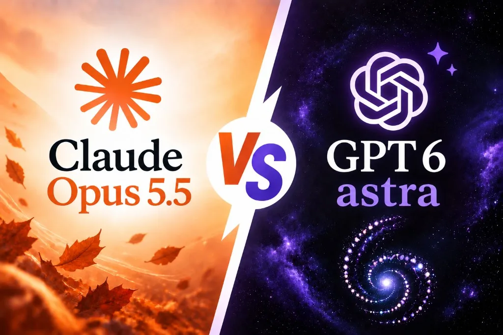 Claude Opus 5.5 frente a GPT-6 Astra: sol naranja a la izquierda, galaxia violeta a la derecha, VS en el centro