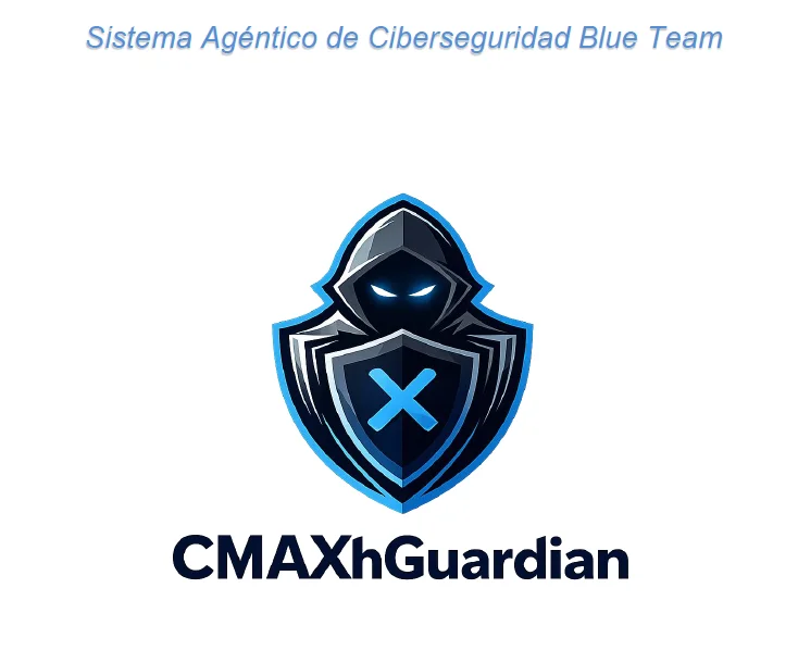 Logo CMAXHGuardian: sistema agéntico de ciberseguridad Blue Team con figura encapuchada y escudo