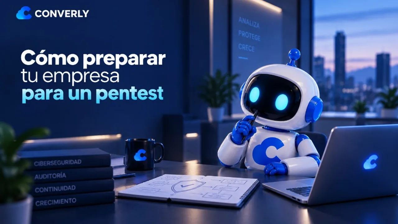 Carátula cómo preparar un pentest: robot Converly planificando la prueba en la oficina
