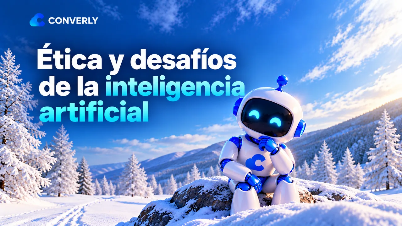 Carátula Ética y desafíos de la inteligencia artificial: robot reflexivo en paisaje nevado