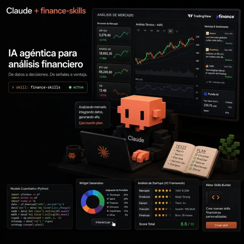 Dashboard de análisis financiero con Claude y Finance Skills: gráficos de mercado, valoración DCF y widgets interactivos de trading