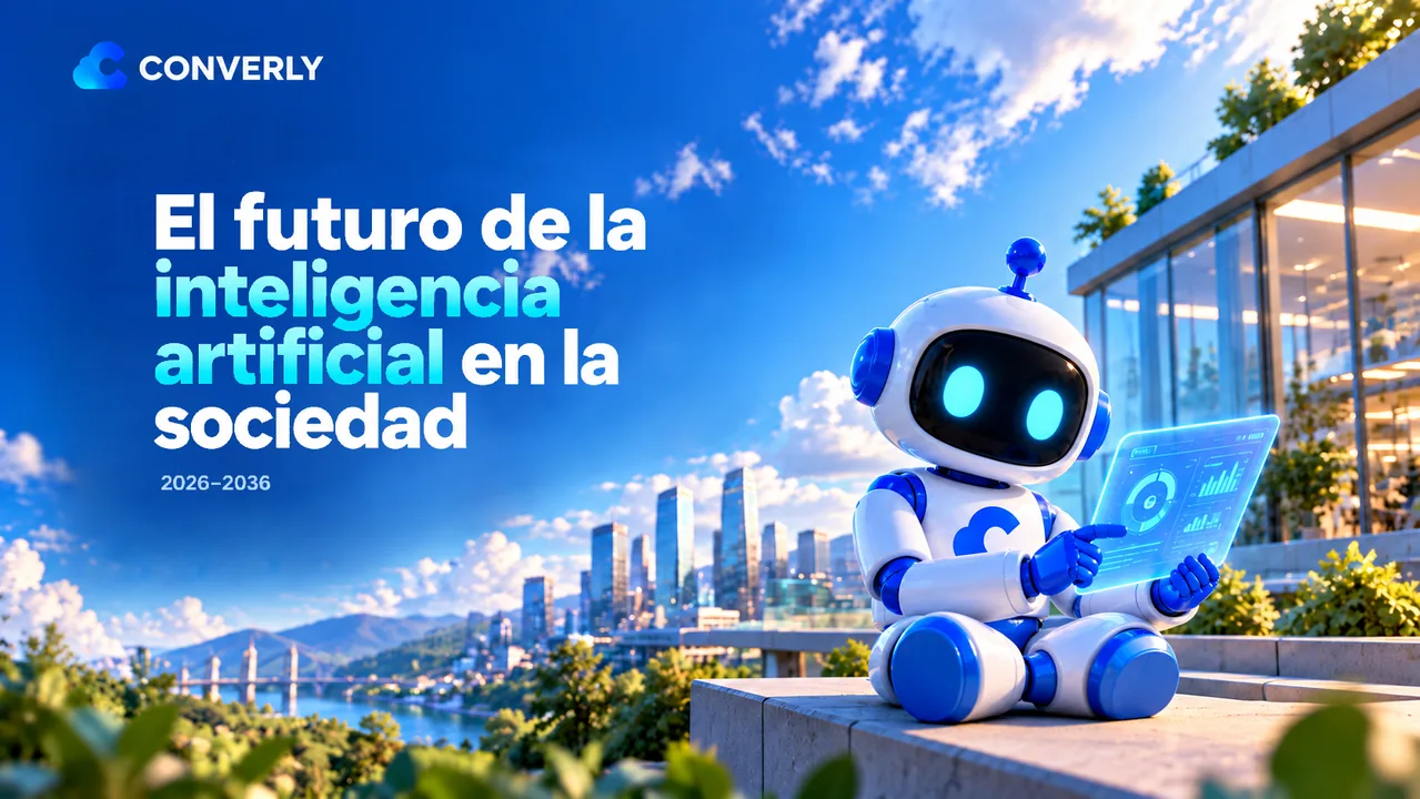 Carátula El futuro de la inteligencia artificial en la sociedad 2026-2036: robot con tablet frente a horizonte de ciudad