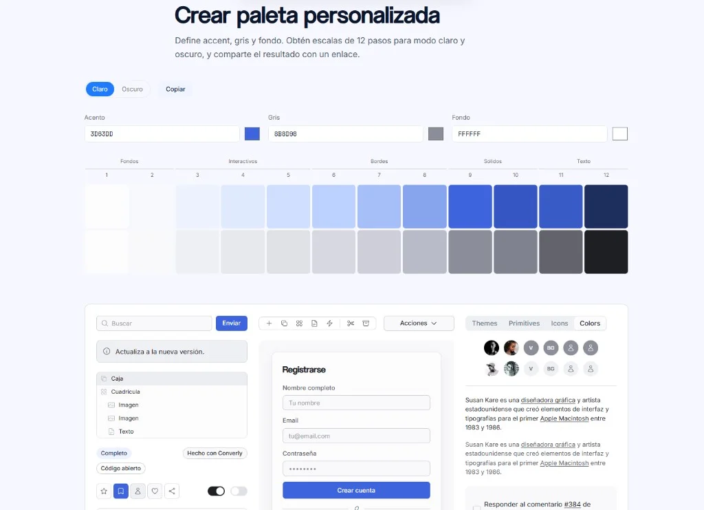Generador de paletas Converly: escalas de color azul y gris de 12 pasos con soporte modo claro y oscuro