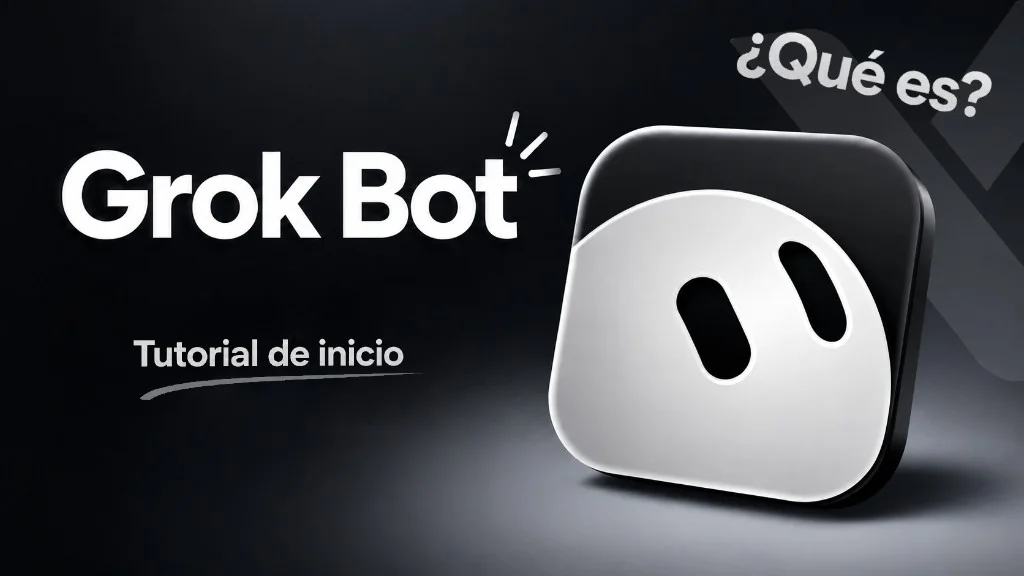 Carátula Grok Bot tutorial de inicio: icono 3D de Grok sobre fondo oscuro con el texto Qué es