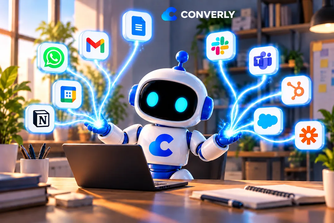 Carátula Integraciones del agente de voz: robot conectado a WhatsApp, Gmail, Slack, Teams y CRM