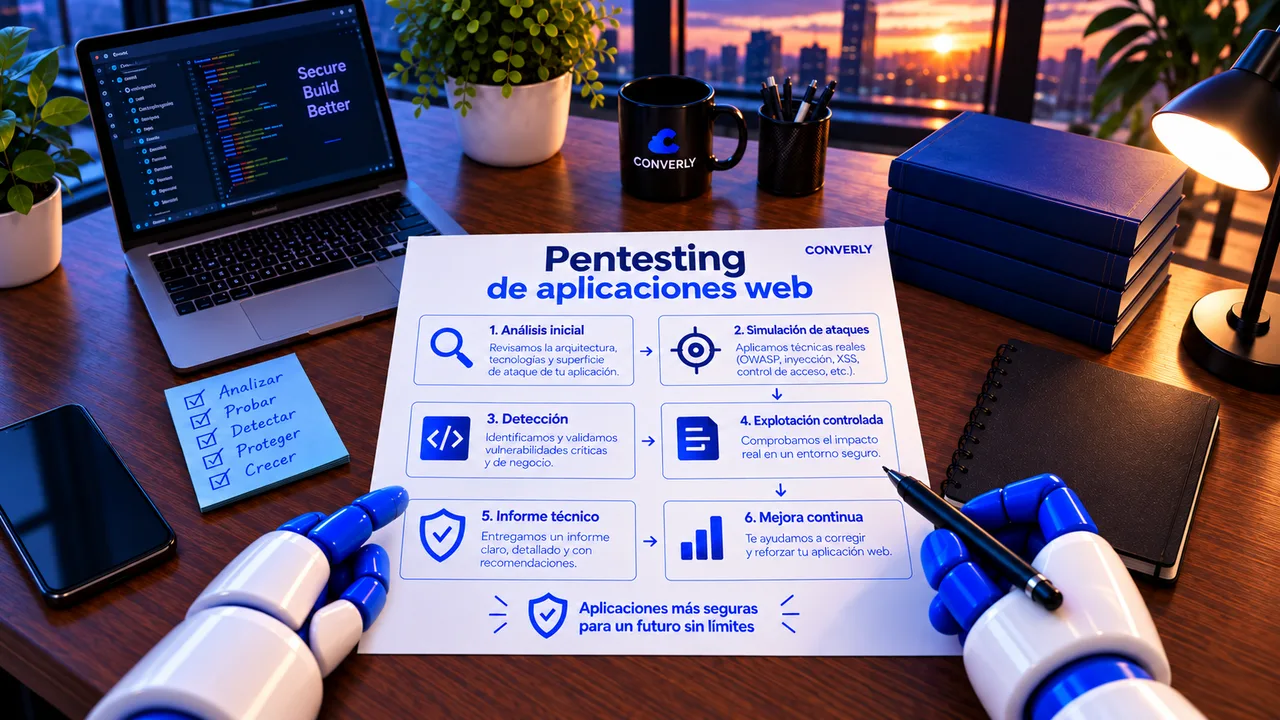 Carátula pentesting de aplicaciones web: infografía Converly del proceso de pentest web