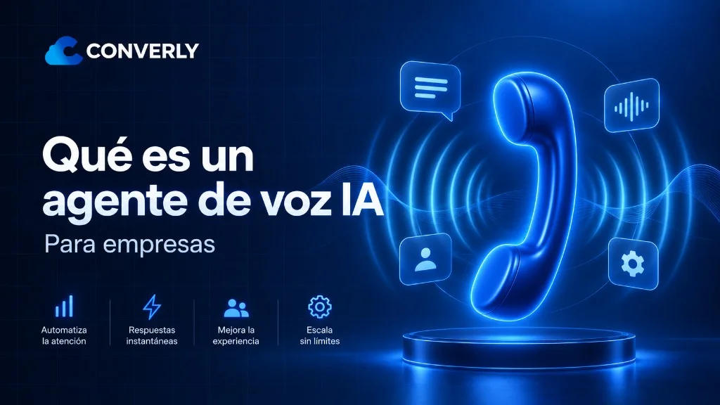 Carátula Qué es un agente de voz IA: teléfono 3D azul sobre fondo oscuro