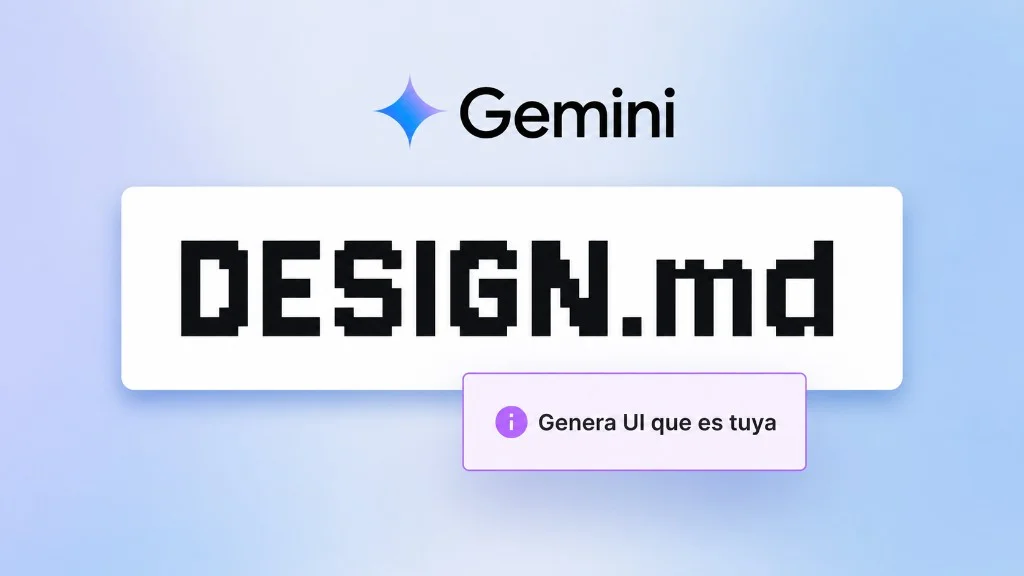 Gráfico DESIGN.md con logo de Gemini y el lema «Genera UI que es tuya» sobre fondo degradado azul claro