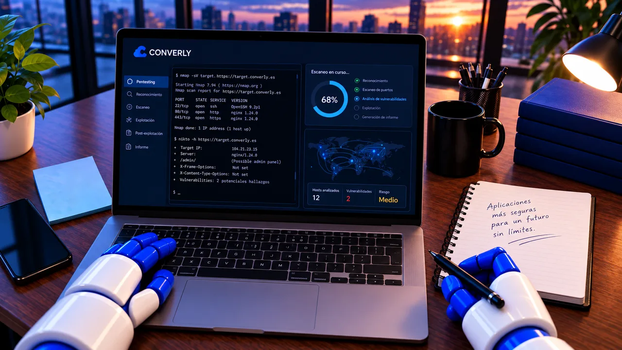 Carátula qué es el pentesting: dashboard Converly de escaneo y manos robóticas