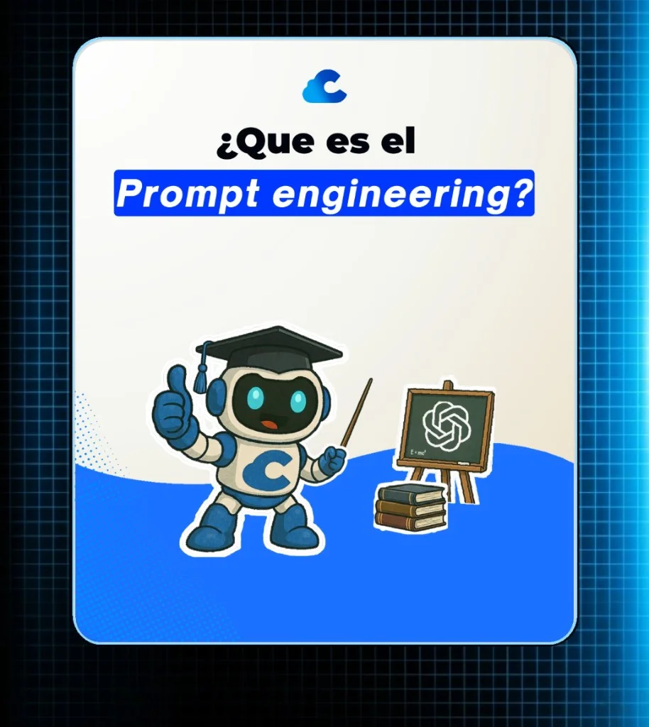 Ilustración de robot profesor con birrete explicando qué es el prompt engineering, con logo de Converly