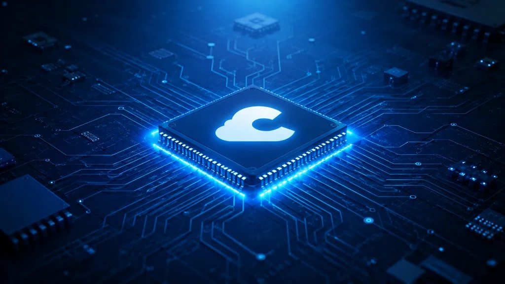 Procesador con circuito iluminado y logo de Converly, representando hardware optimizado para ejecutar modelos de IA