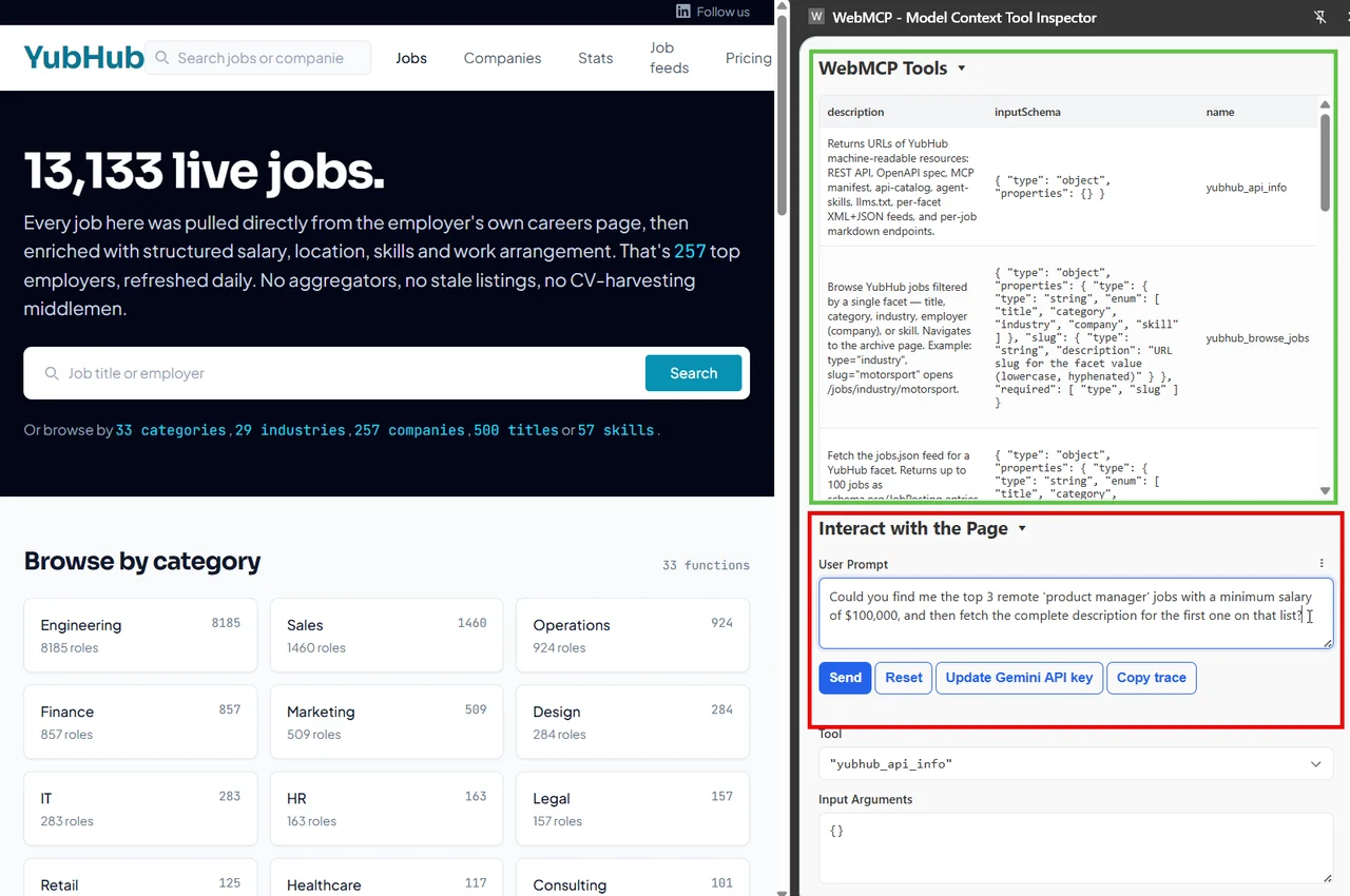 Arquitectura de WebMCP en un sitio de empleo exponiendo herramientas a un agente de IA