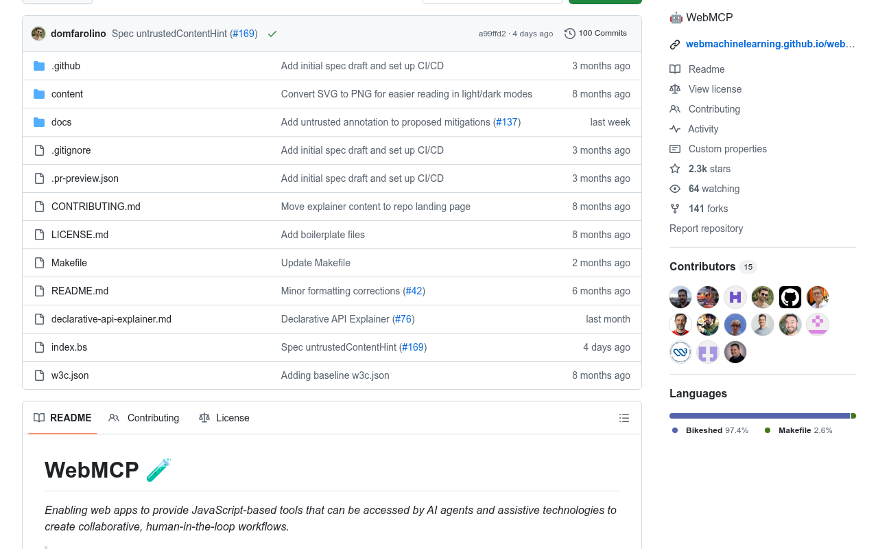 Imagen 5: Repositorio de GitHub para el borrador de especificación de WebMCP