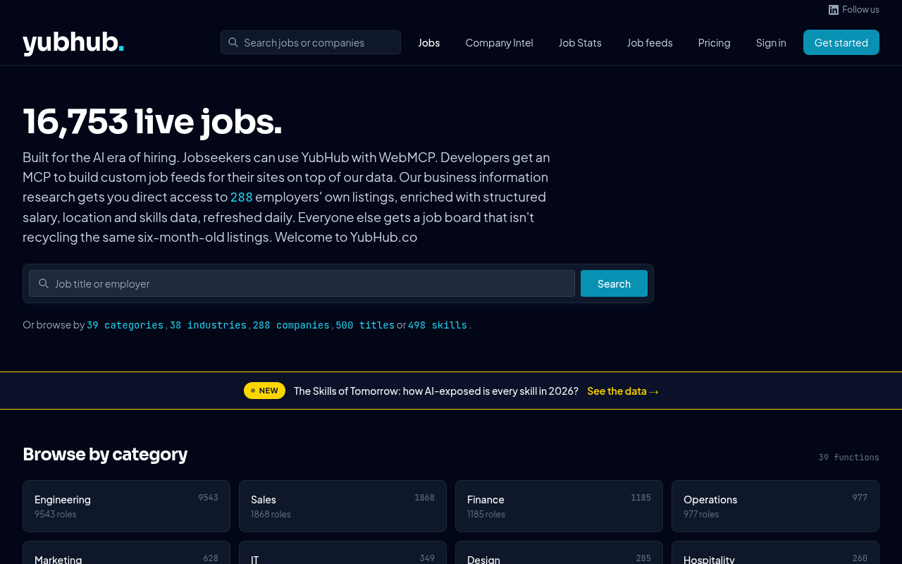 Imagen 11: Página de inicio de YubHub mostrando 16.753 empleos activos de 288 empleadores