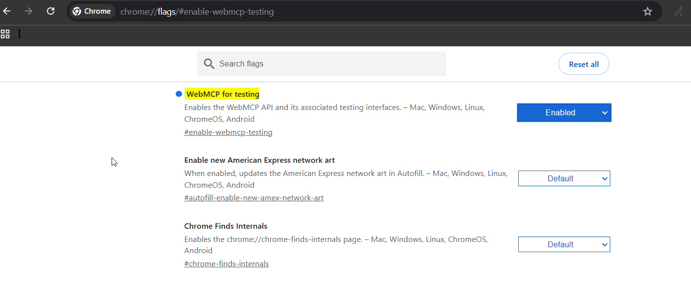Imagen 3: página de flags de Chrome con el flag WebMCP for testing resaltado y puesto en Enabled
