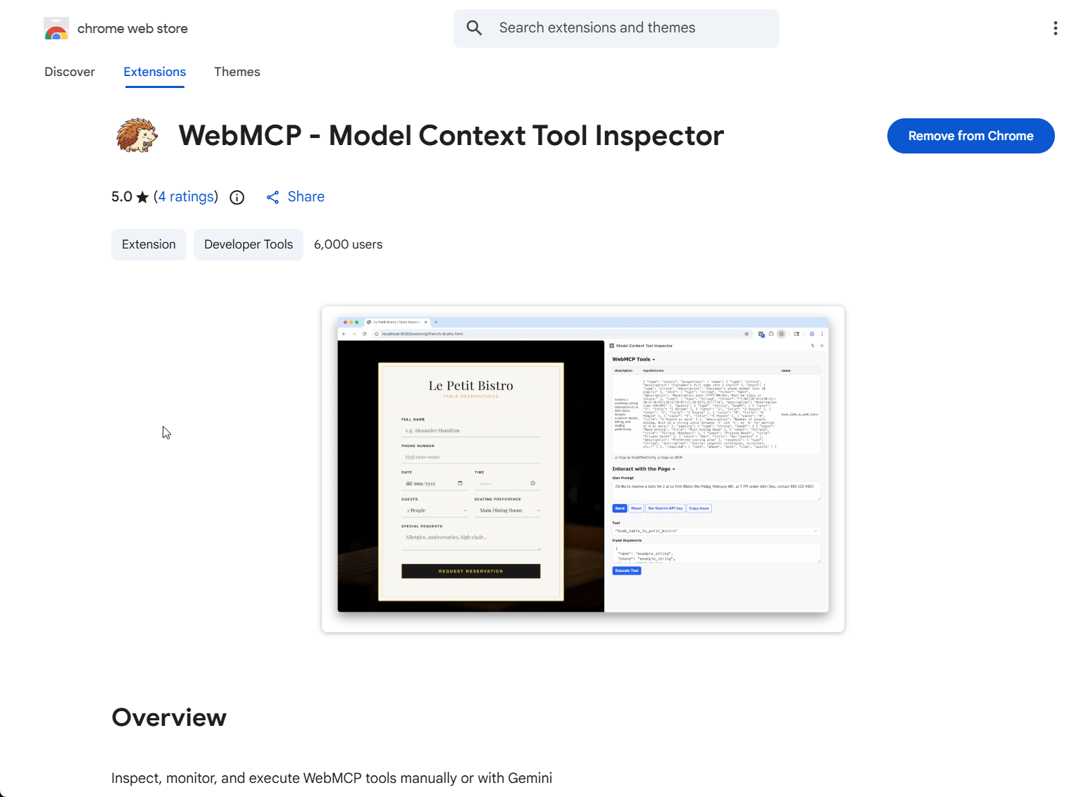Imagen 4: ficha de la Chrome Web Store para la extensión WebMCP Model Context Tool Inspector
