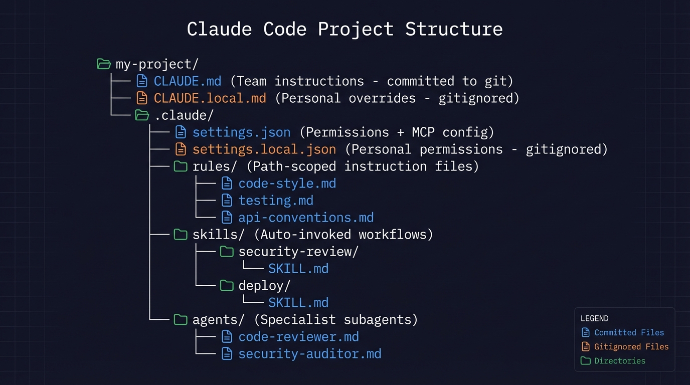 Imagen 2: Estructura del directorio de un proyecto de Claude Code mostrando CLAUDE.md, la carpeta .claude con reglas, skills, agentes y settings