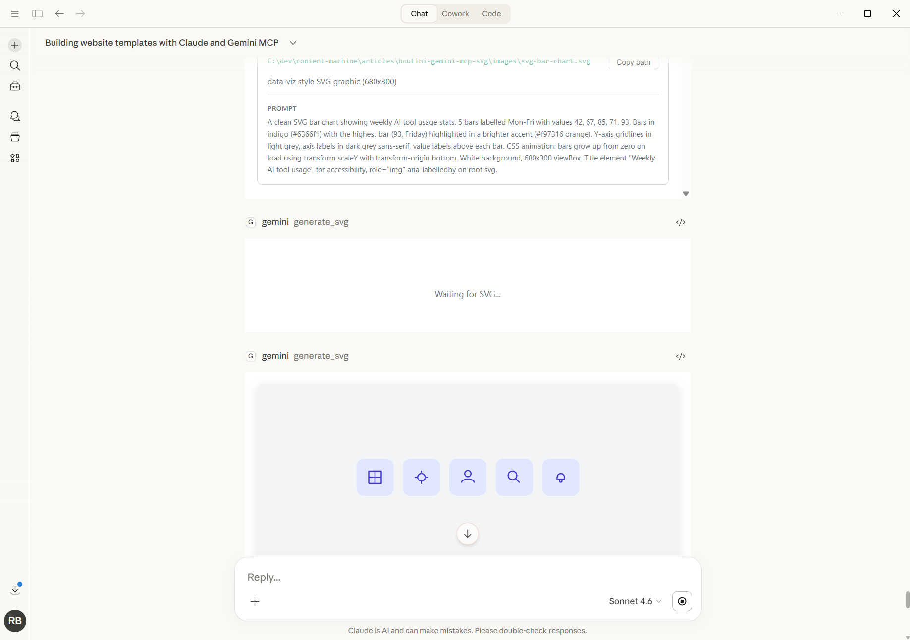 Imagen 1: Claude Desktop mostrando la llamada a la herramienta generate_svg con el set de iconos de UI renderizado en línea en el panel de vista previa de la MCP app