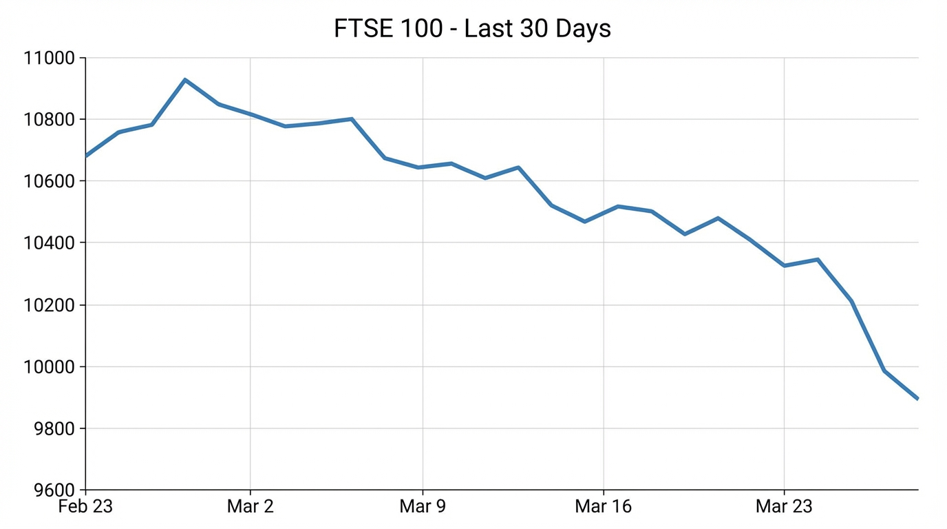 Imagen 7: Gráfico de líneas del FTSE 100 generado por Gemini MCP con use_search activado, mostrando precios de cierre reales del 24 de febrero al 24 de marzo de 2026, con datos de la London Stock Exchange