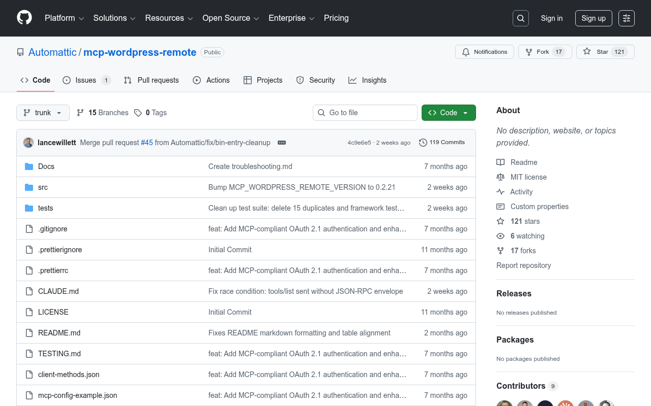 Imagen 8: Repositorio GitHub del MCP de WordPress de Automattic