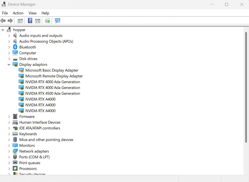Imagen 3: Administrador de dispositivos mostrando seis GPU NVIDIA en hopper