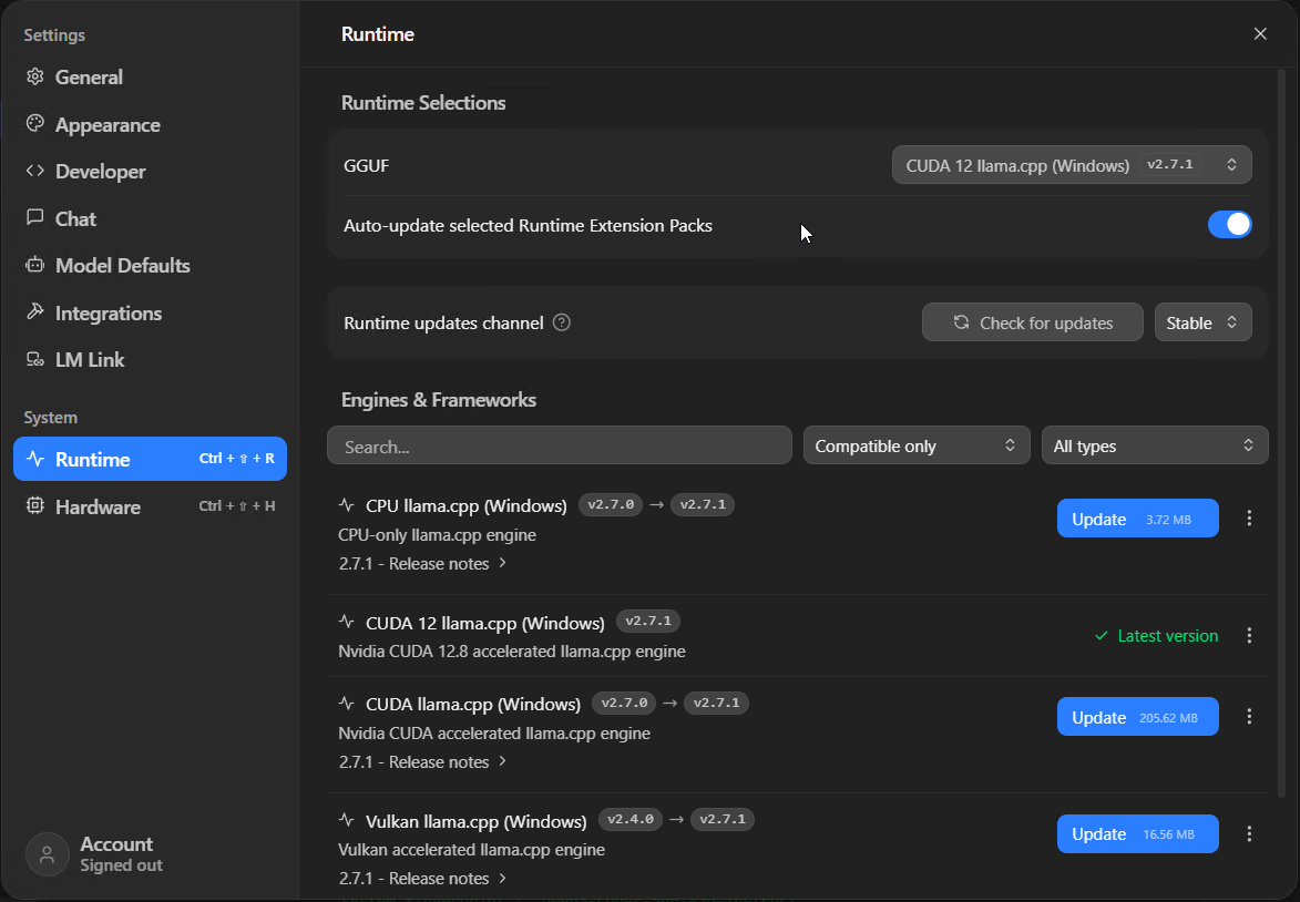 Imagen 4: Ajustes de Runtime de LM Studio mostrando motores llama.cpp