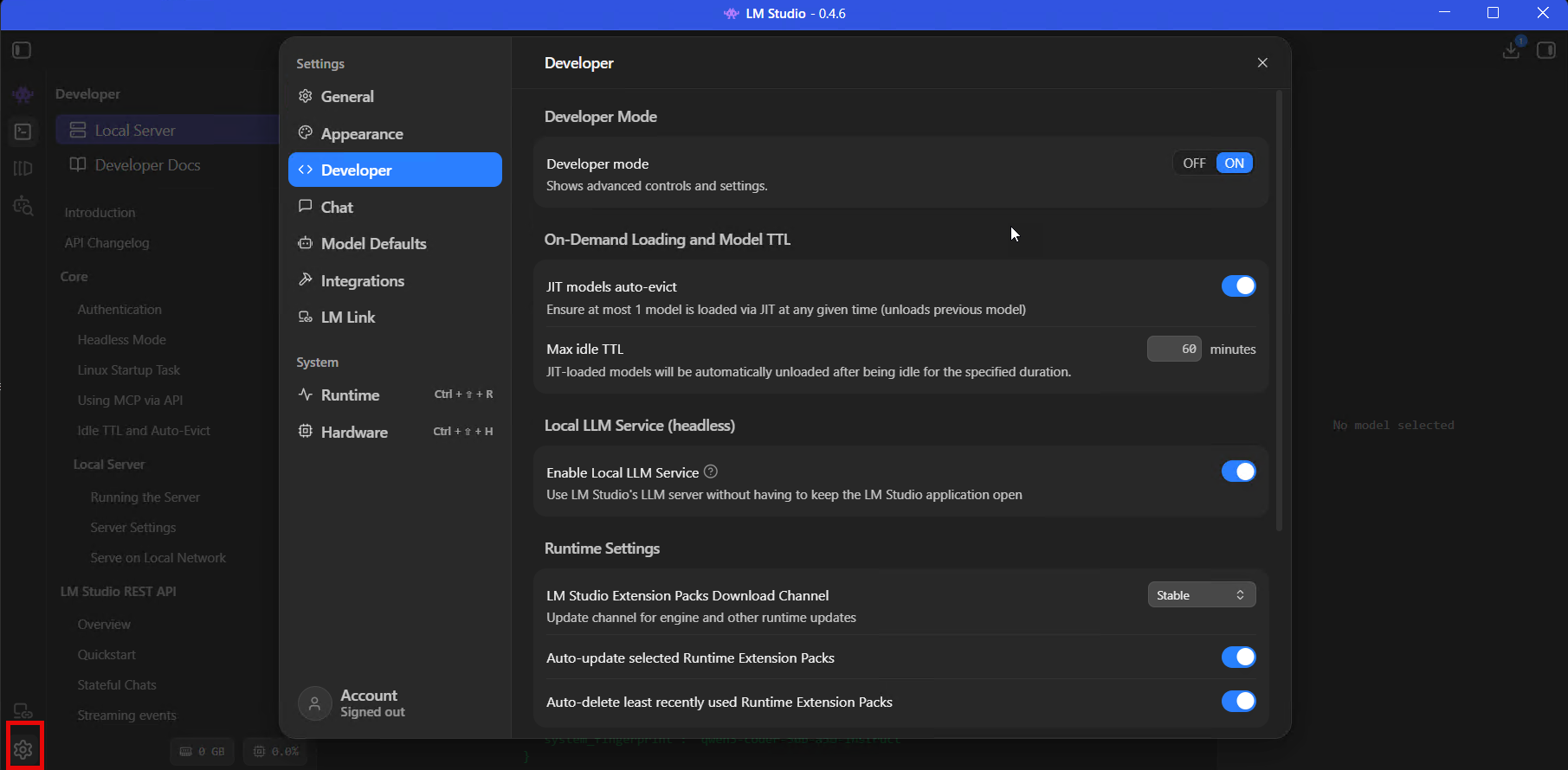 Imagen 5: Toggle de Developer Mode en los ajustes de LM Studio