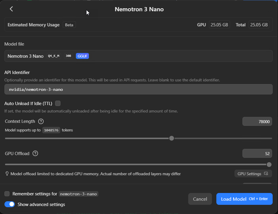 Imagen 8: Diálogo del loader de modelos mostrando longitud de contexto y ajustes de GPU offload