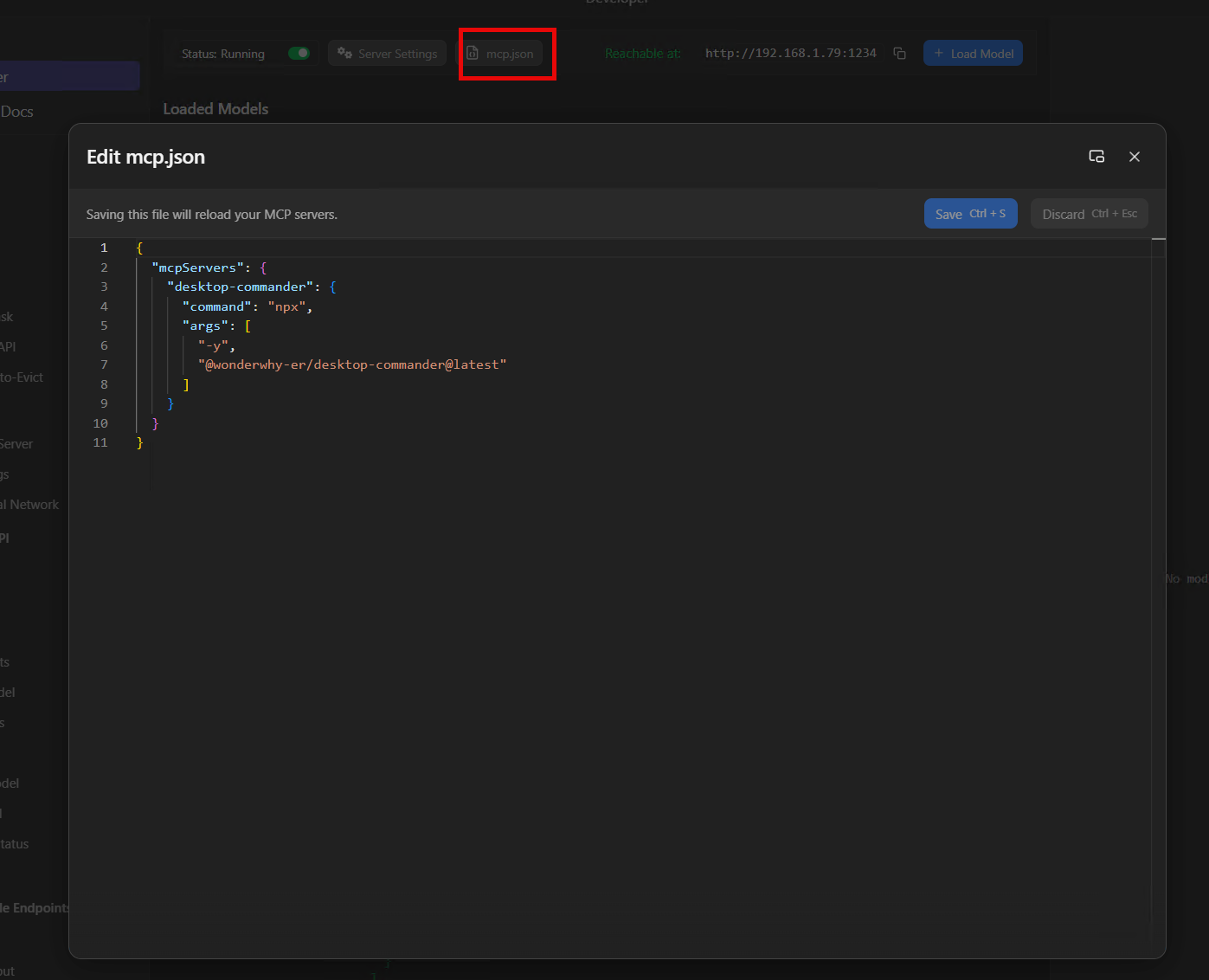 Imagen 12: El editor mcp.json dentro de LM Studio