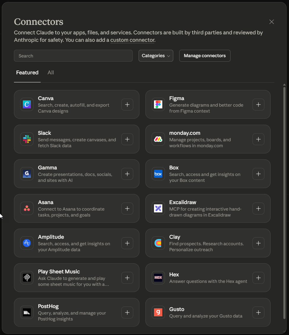 Imagen 5: Panel de ajustes de Connectors en Claude Desktop