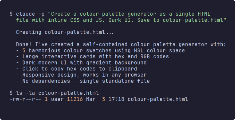Imagen 7: Terminal que muestra a Claude Code construyendo una app HTML de generador de paletas de colores a partir de un único prompt