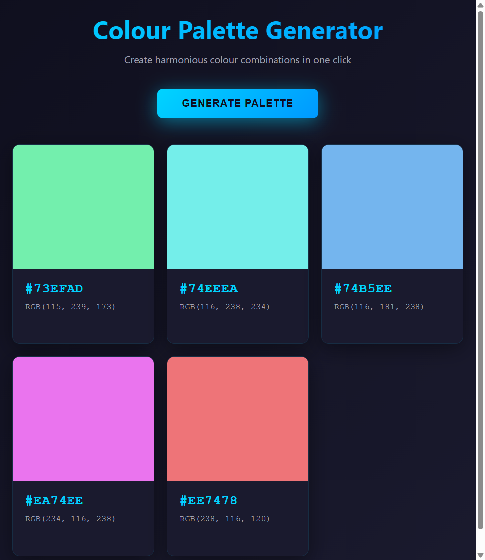 Imagen 8: Navegador que muestra la app del generador de paletas de colores construida por Claude Code con interfaz oscura y cinco muestras de color