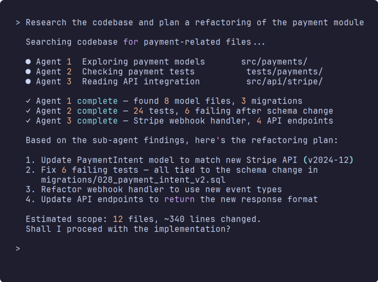 Imagen 11: Terminal que muestra a Claude Code lanzando tres subagentes para explorar partes distintas de un codebase en paralelo