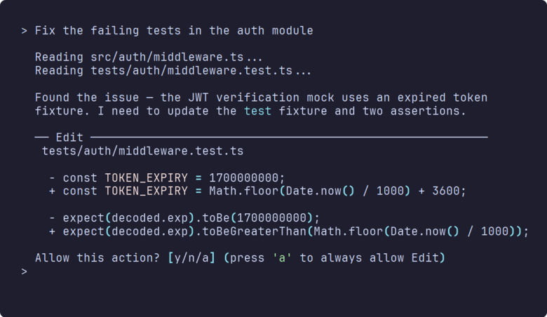 Imagen 14: Terminal que muestra el aviso de permiso de Claude Code pidiendo permitir o denegar una edición de archivo con vista previa del diff