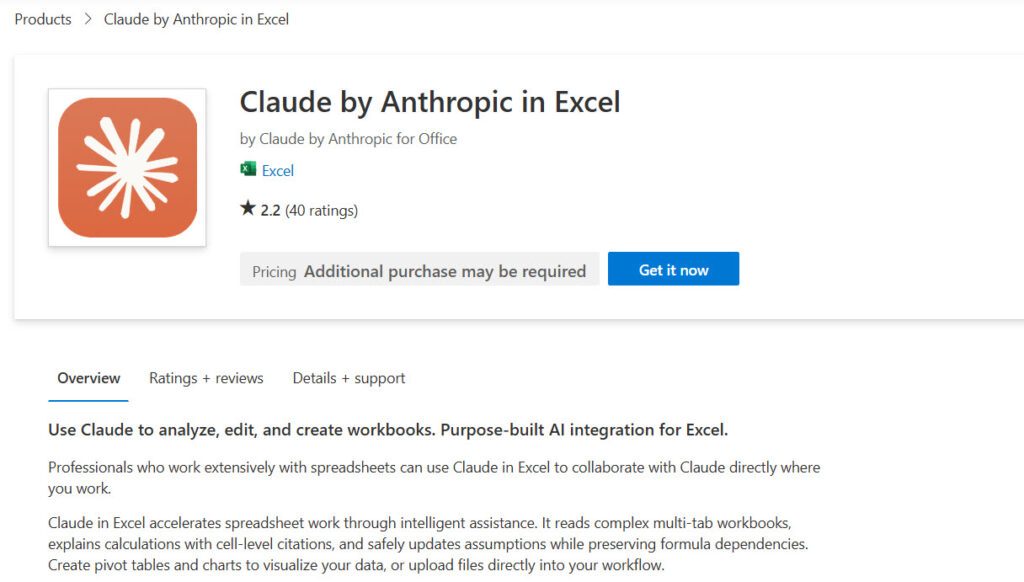 Imagen 2: Claude In Excel en MS Marketplace: una valoración inicial baja