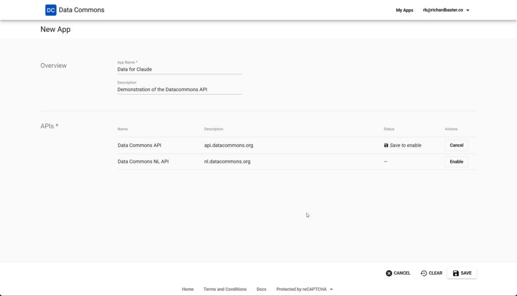 Imagen 2: Crear una nueva app en el portal de Data Commons