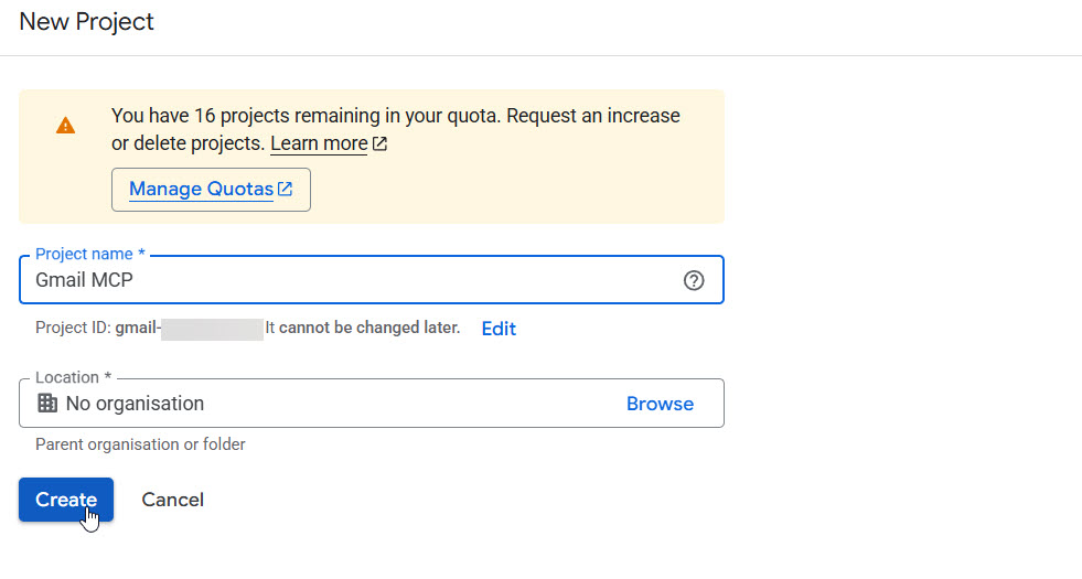 Imagen 2: crear un proyecto nuevo en la consola de Google