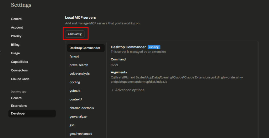 Imagen 11: ajustes de desarrollador de Claude Desktop