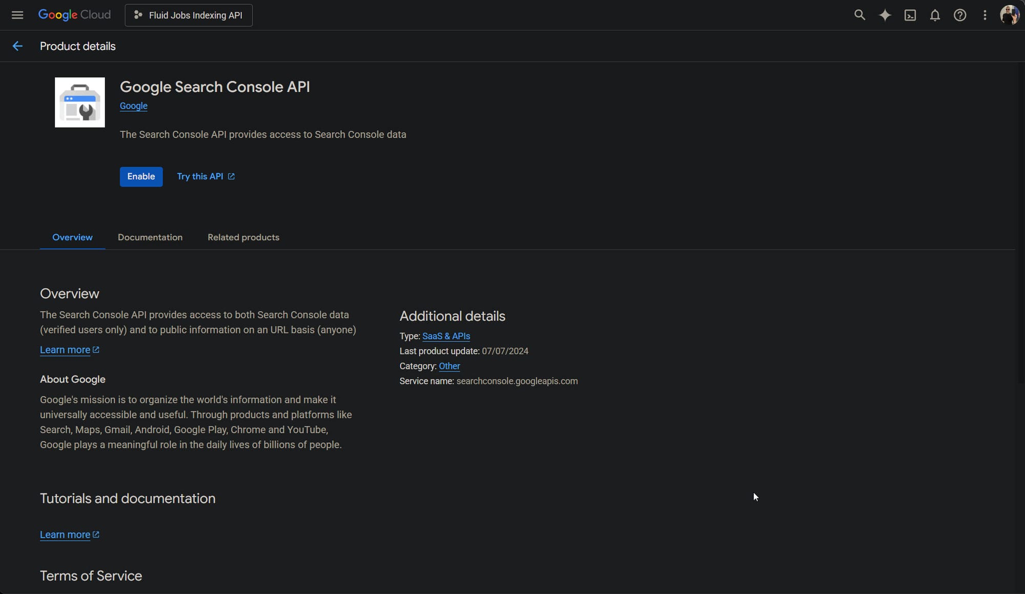 Imagen 4: Activar la API de Search Console