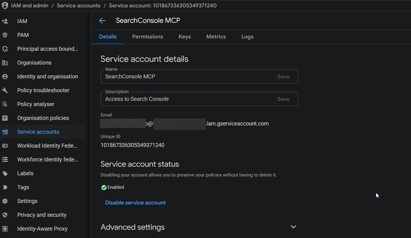 Imagen 5: Crear una cuenta de servicio