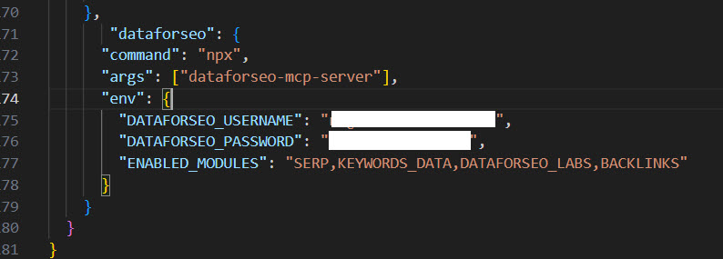 Imagen 2: mi configuración MCP de dataforSEO