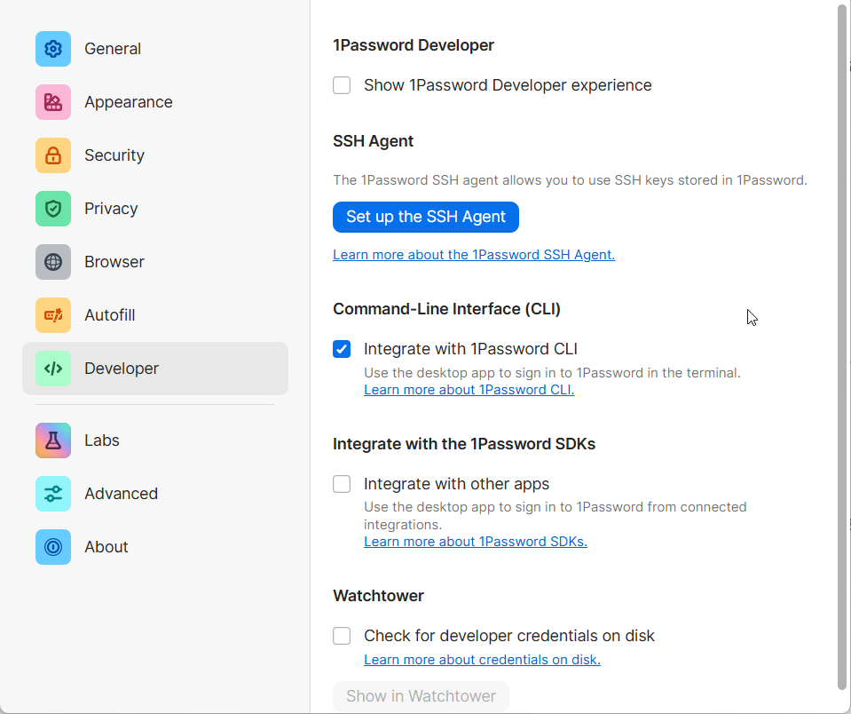 Imagen 4: Settings de 1Password, panel Developer, con el interruptor Integrate with 1Password CLI resaltado.