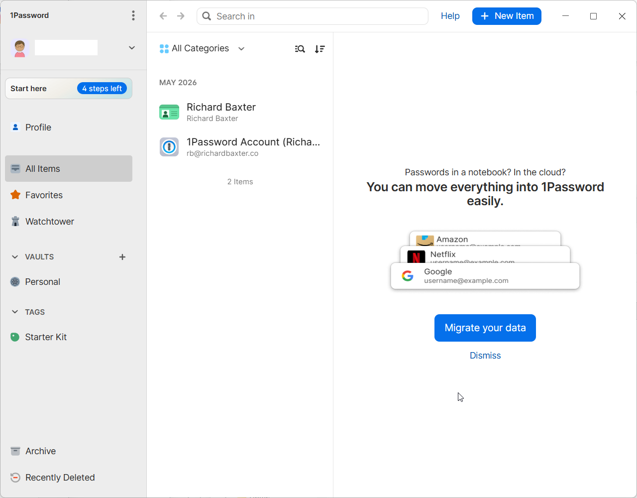 Imagen 2: la app de escritorio de 1Password mostrando la caja fuerte Personal por defecto vacía tras el primer inicio de sesión.