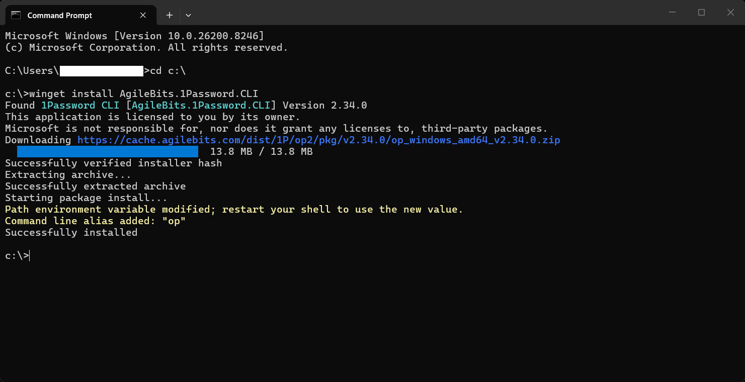 Imagen 3: salida del terminal de PowerShell al ejecutar winget install AgileBits.1Password.CLI.