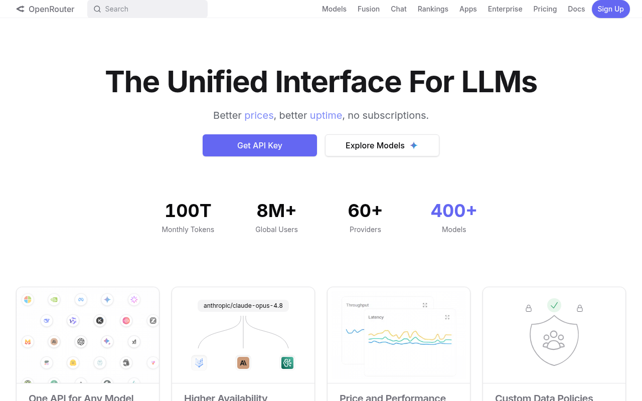 Imagen 1: Captura de la página de inicio de OpenRouter mostrando la API de inferencia unificada para más de 300 modelos. El titular dice «The unified interface for LLMs. Find the best models and prices for your prompts».